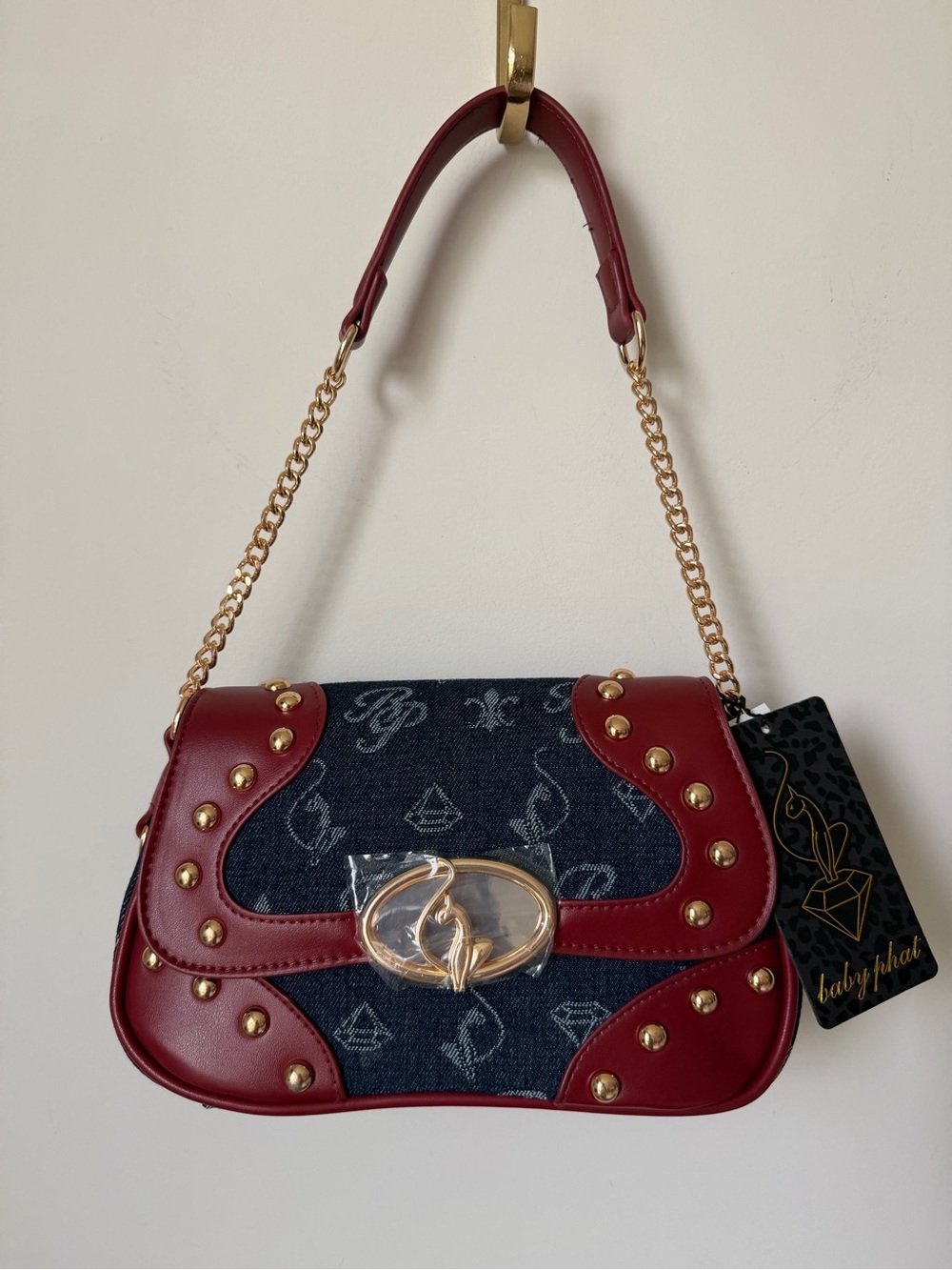 Baby Phat Red and Denim Logo Shoulder Bag with Gold stud Hardware